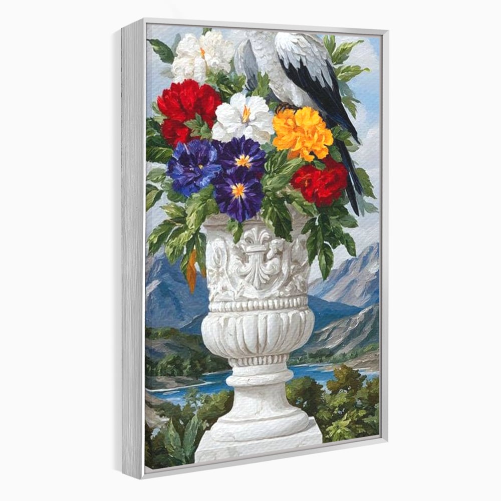 Tablou canvas cu tablou canvas cu papagal si vaza cu flori, in rama de aluminiu argintiu